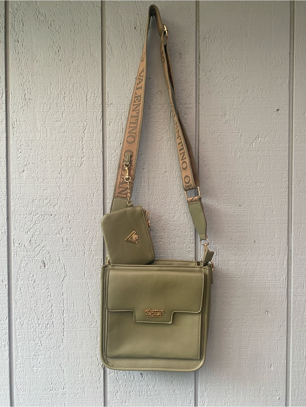 Valentino Olive Crossbody with Branded Strap and Coin Pouch